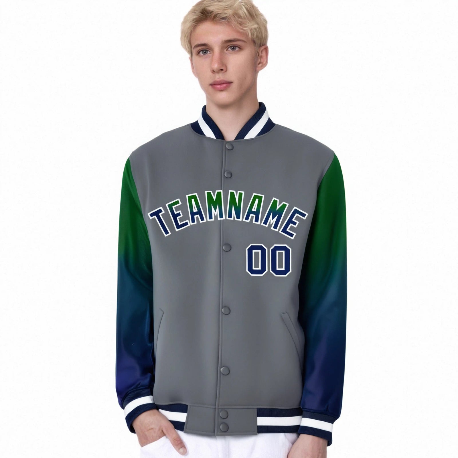 Custom Dark Gray Green-Royal Blue Varsity Full-Snap Sleeve Gradient Fashion Letterman Baseball Jacket
