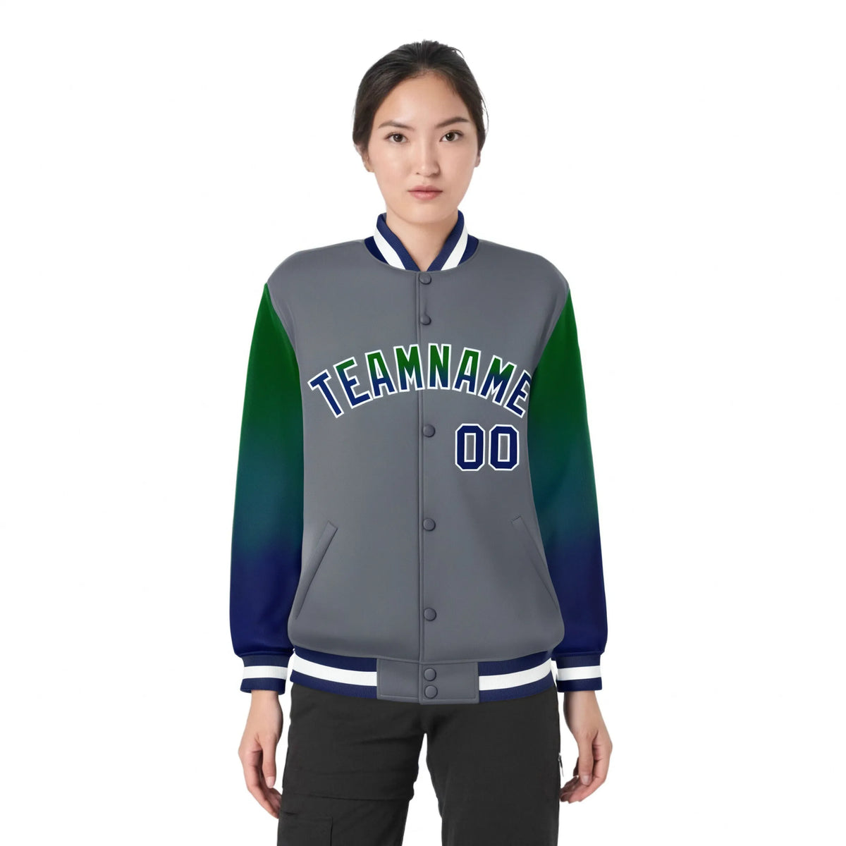 Custom Dark Gray Green-Royal Blue Varsity Full-Snap Sleeve Gradient Fashion Letterman Baseball Jacket