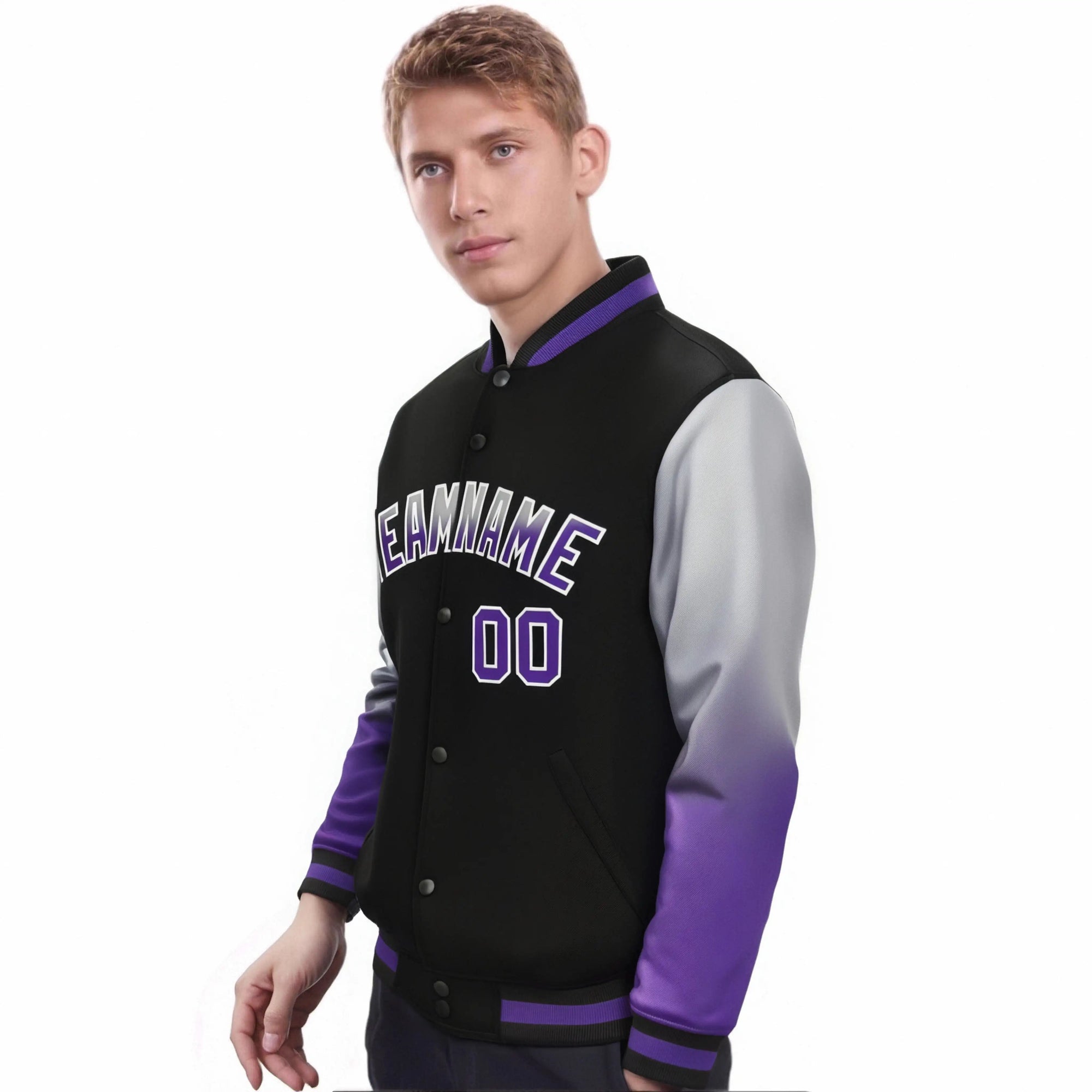 Custom Black Gray-Purple Varsity Full-Snap Sleeve Gradient Fashion Letterman Baseball Jacket