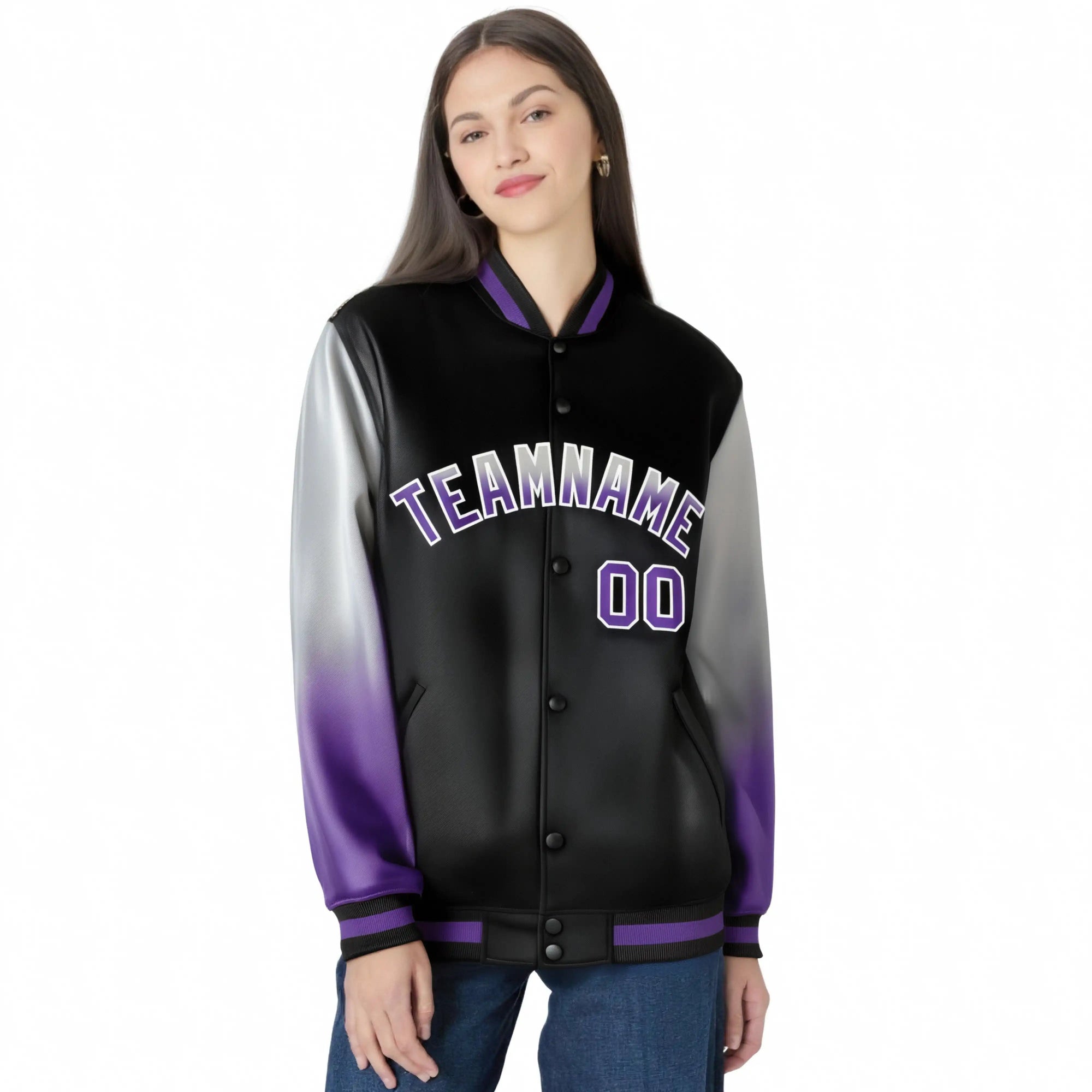 Custom Black Gray-Purple Varsity Full-Snap Sleeve Gradient Fashion Letterman Baseball Jacket