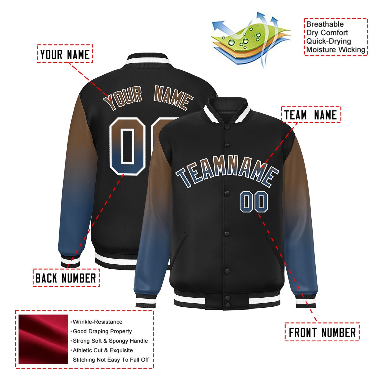 Custom Black Light Brown-Midnight Blue Varsity Full-Snap Sleeve Gradient Fashion Letterman Baseball Jacket