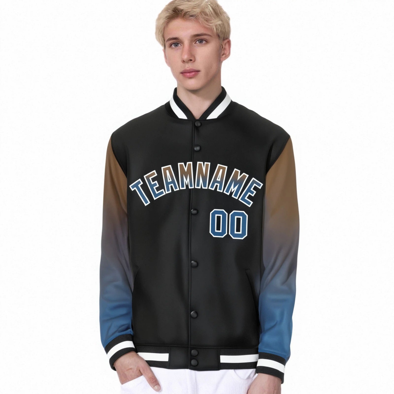 Custom Black Light Brown-Midnight Blue Varsity Full-Snap Sleeve Gradient Fashion Letterman Baseball Jacket