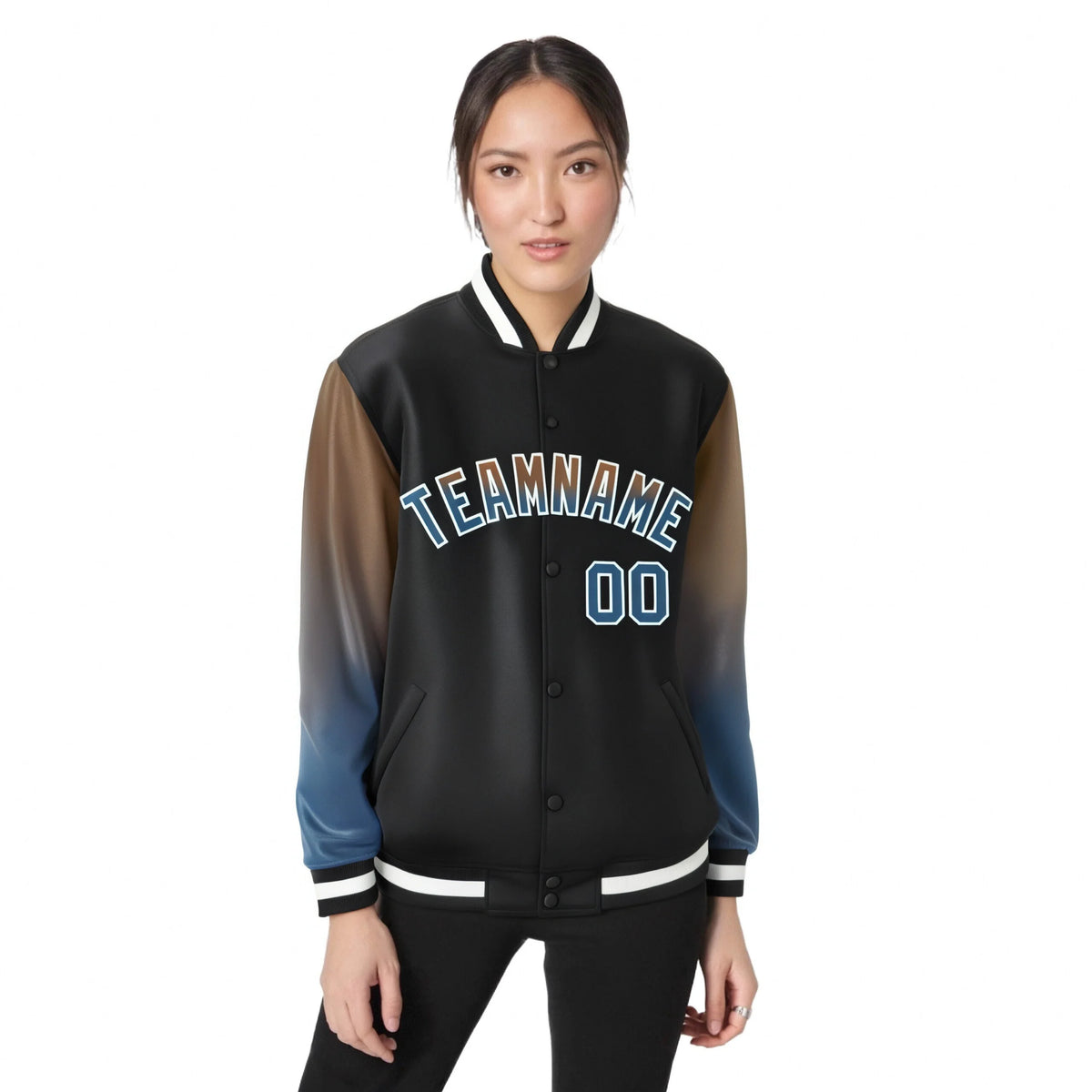 Custom Black Light Brown-Midnight Blue Varsity Full-Snap Sleeve Gradient Fashion Letterman Baseball Jacket