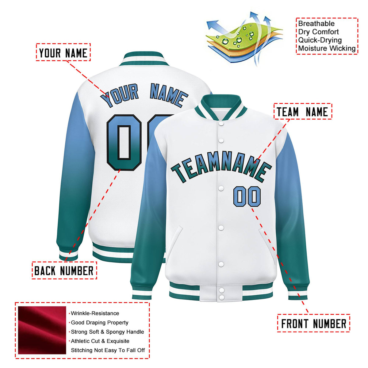 Custom White Light Blue-Aqua Varsity Full-Snap Sleeve Gradient Fashion Letterman Baseball Jacket