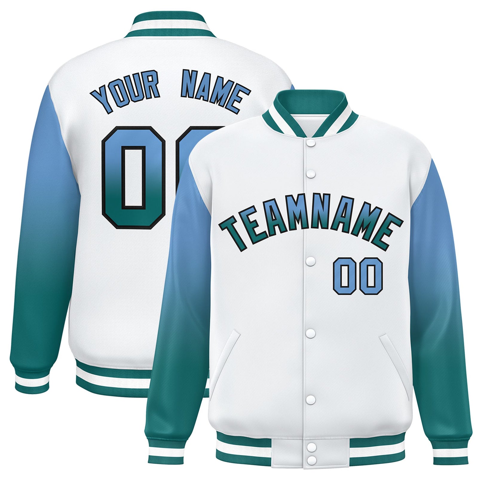 Custom White Light Blue-Aqua Varsity Full-Snap Sleeve Gradient Fashion Letterman Baseball Jacket