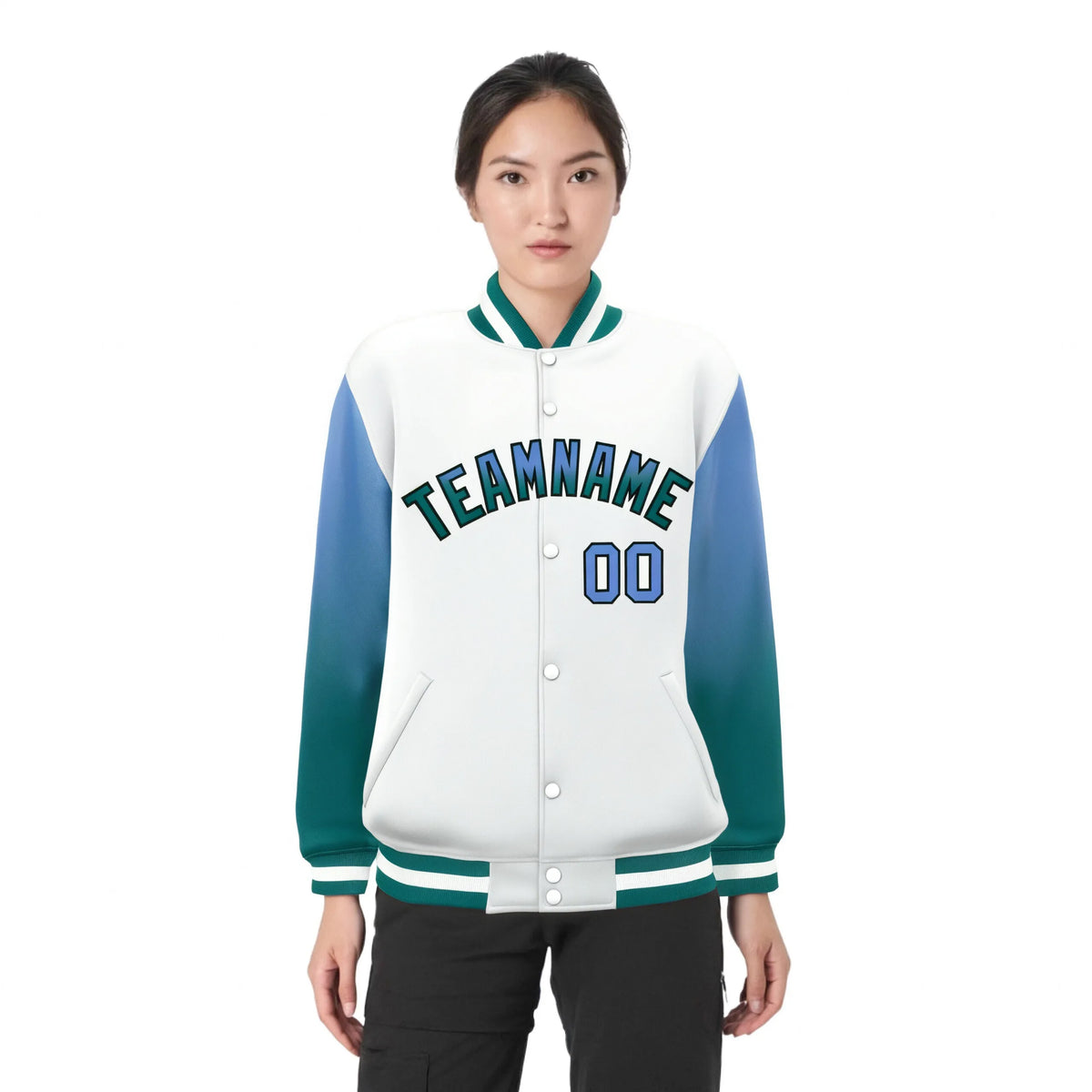 Custom White Light Blue-Aqua Varsity Full-Snap Sleeve Gradient Fashion Letterman Baseball Jacket