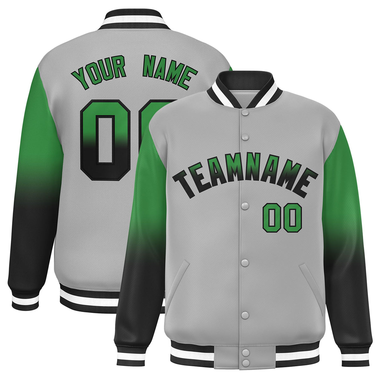 Custom Gray Kelly Green-Dark Gray Varsity Full-Snap Sleeve Gradient Fashion Letterman Baseball Jacket