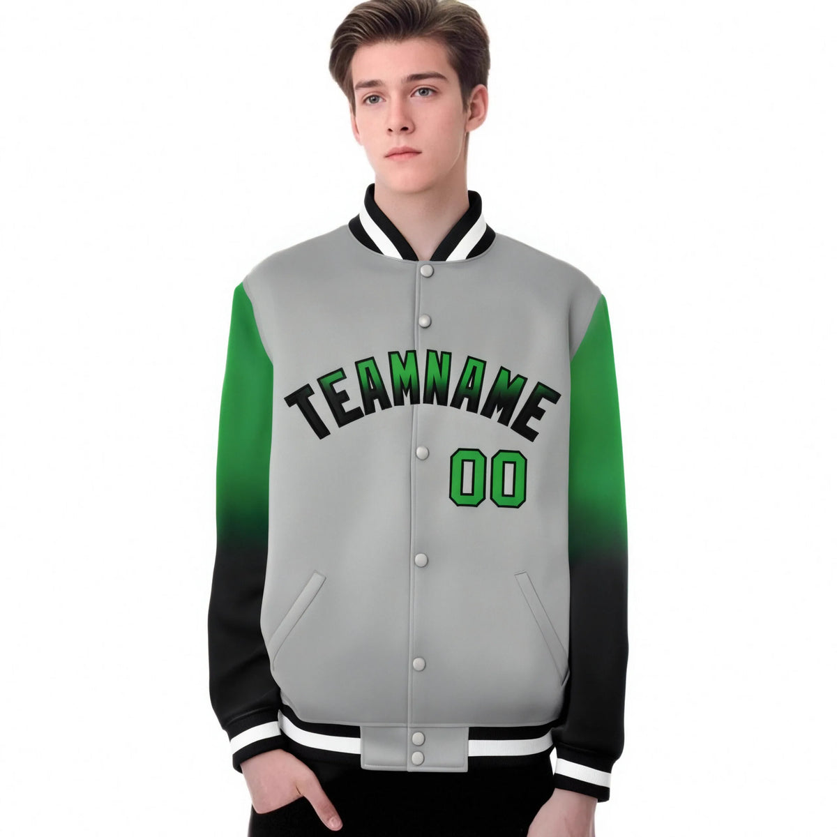 Custom Gray Kelly Green-Dark Gray Varsity Full-Snap Sleeve Gradient Fashion Letterman Baseball Jacket