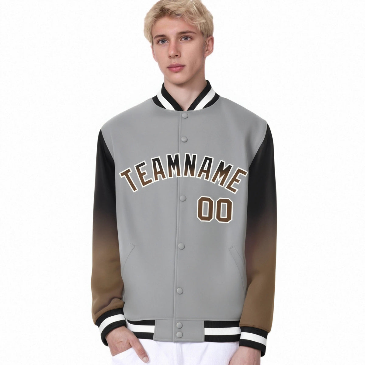Custom Gray Brown-Light Brown Varsity Full-Snap Sleeve Gradient Fashion Letterman Baseball Jacket