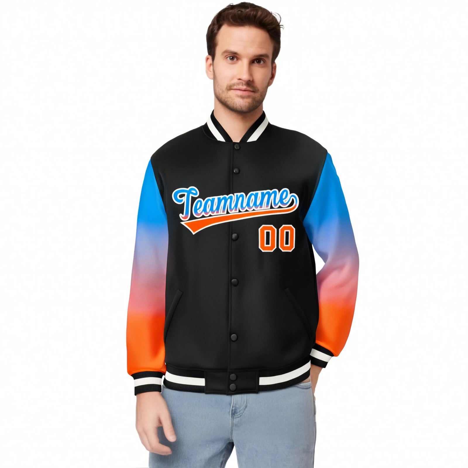 Custom Black Powder Blue-Orange Varsity Full-Snap Sleeve Gradient Fashion Letterman Baseball Jacket