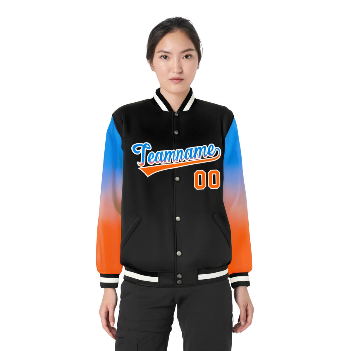 Custom Black Powder Blue-Orange Varsity Full-Snap Sleeve Gradient Fashion Letterman Baseball Jacket