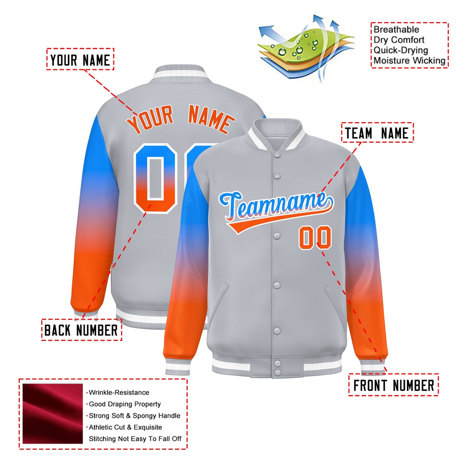 Custom Gray Powder Blue-Orange Varsity Full-Snap Sleeve Gradient Fashion Letterman Baseball Jacket