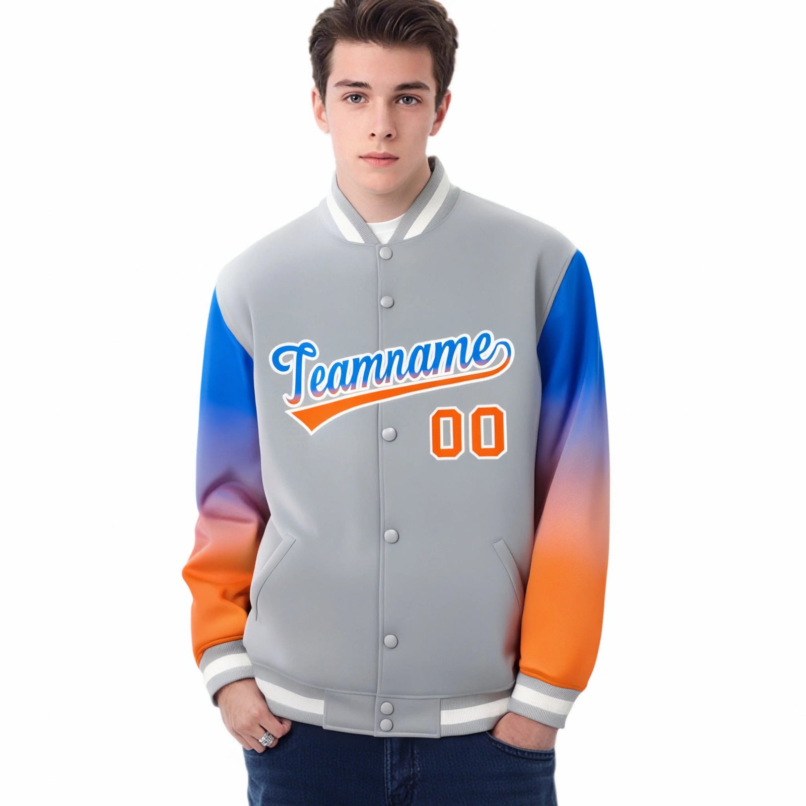 Custom Gray Powder Blue-Orange Varsity Full-Snap Sleeve Gradient Fashion Letterman Baseball Jacket