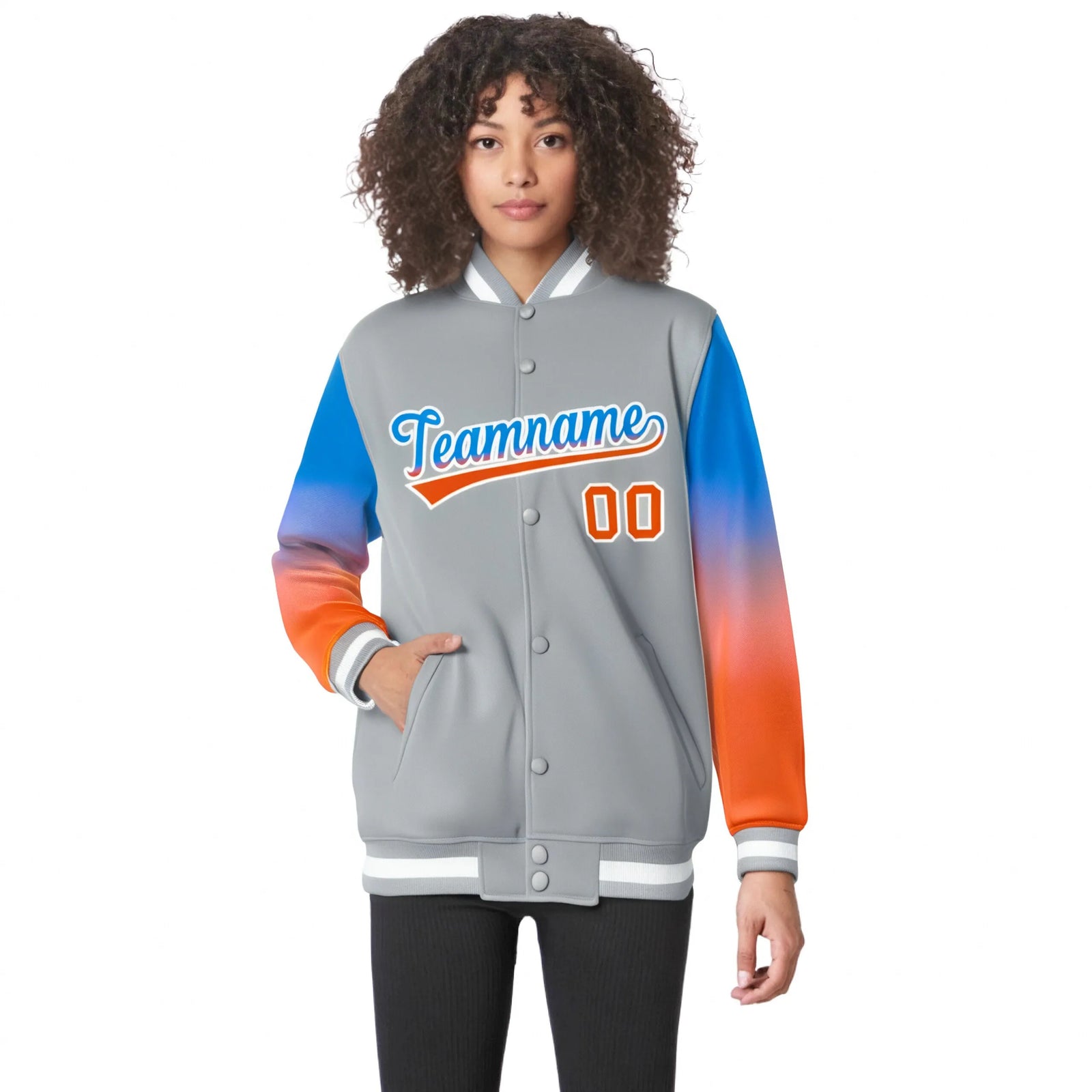 Custom Gray Powder Blue-Orange Varsity Full-Snap Sleeve Gradient Fashion Letterman Baseball Jacket