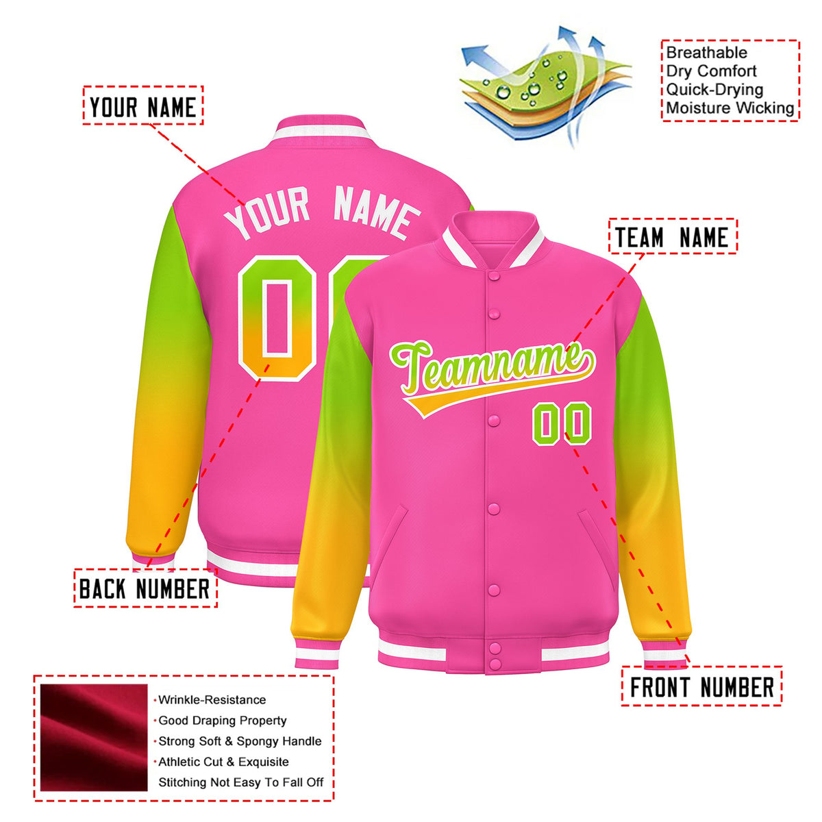Custom Pink Neon Green-Yellow Varsity Full-Snap Sleeve Gradient Fashion Letterman Baseball Jacket