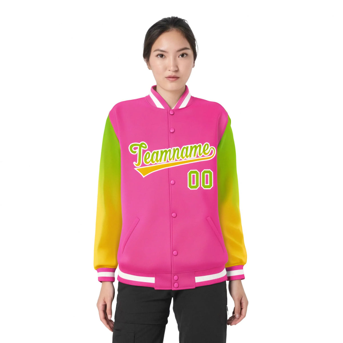 Custom Pink Neon Green-Yellow Varsity Full-Snap Sleeve Gradient Fashion Letterman Baseball Jacket