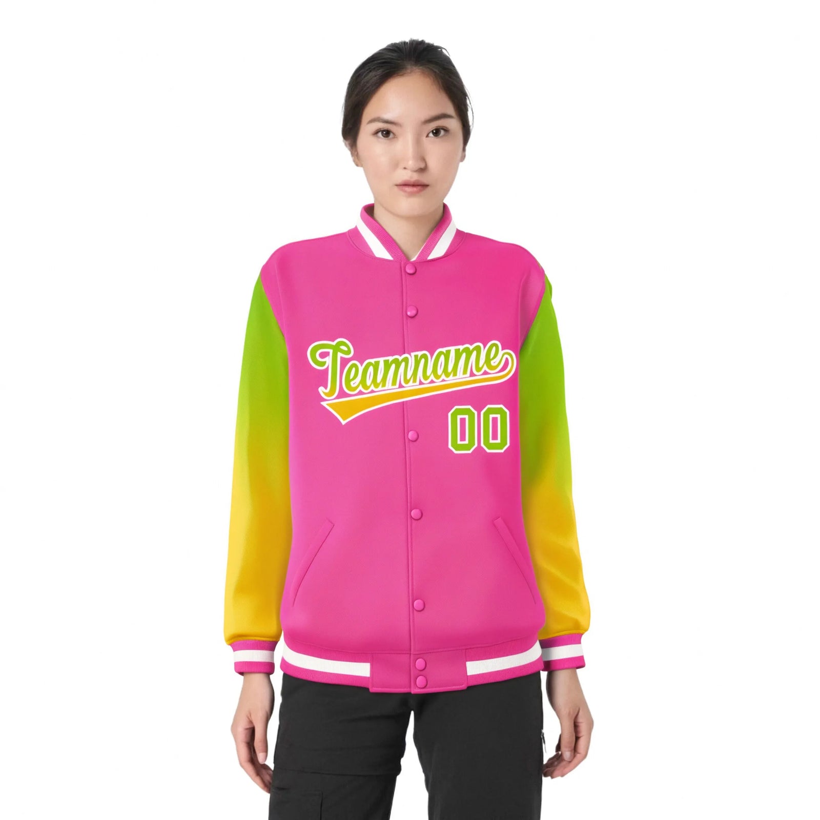 Custom Pink Neon Green-Yellow Varsity Full-Snap Sleeve Gradient Fashion Letterman Baseball Jacket