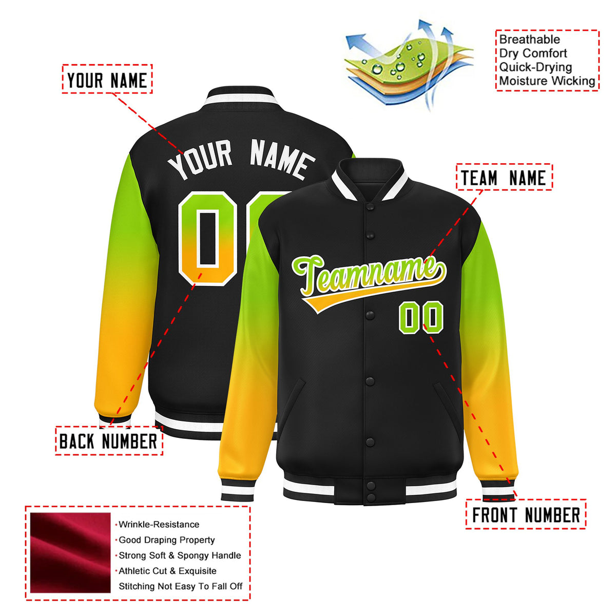 Custom Black Neon Green-Yellow Varsity Full-Snap Sleeve Gradient Fashion Letterman Baseball Jacket