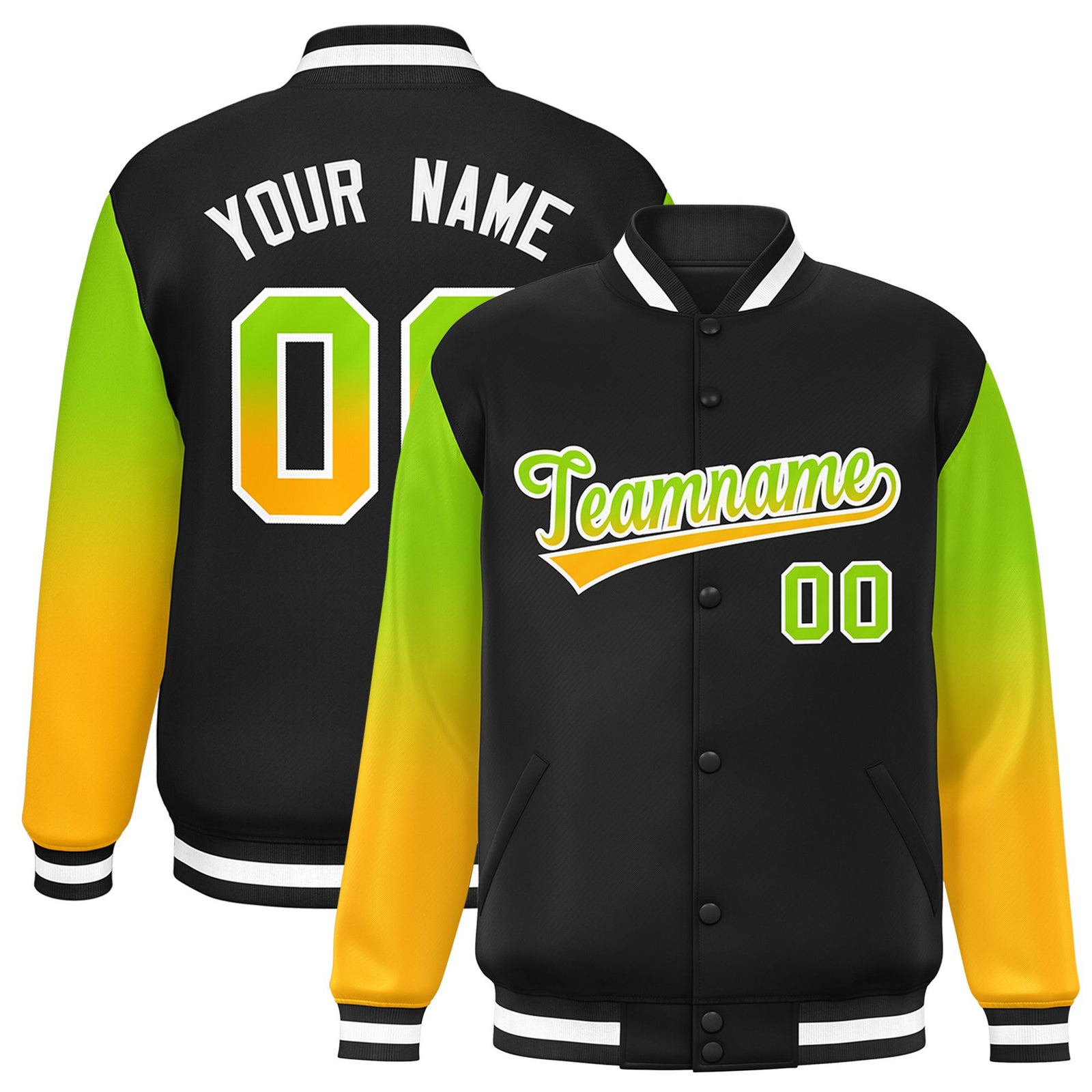 Custom Black Neon Green-Yellow Varsity Full-Snap Sleeve Gradient Fashion Letterman Baseball Jacket