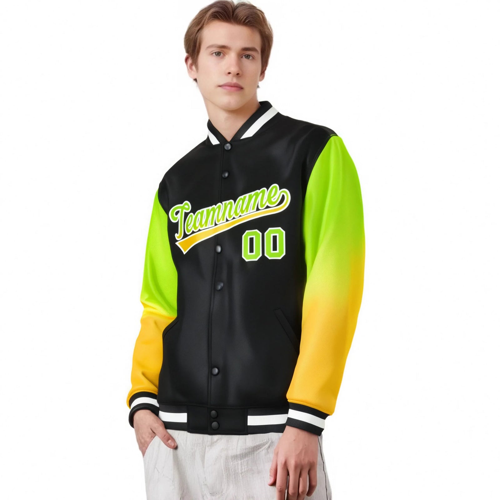Custom Black Neon Green-Yellow Varsity Full-Snap Sleeve Gradient Fashion Letterman Baseball Jacket