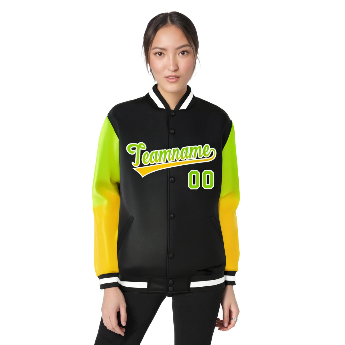 Custom Black Neon Green-Yellow Varsity Full-Snap Sleeve Gradient Fashion Letterman Baseball Jacket
