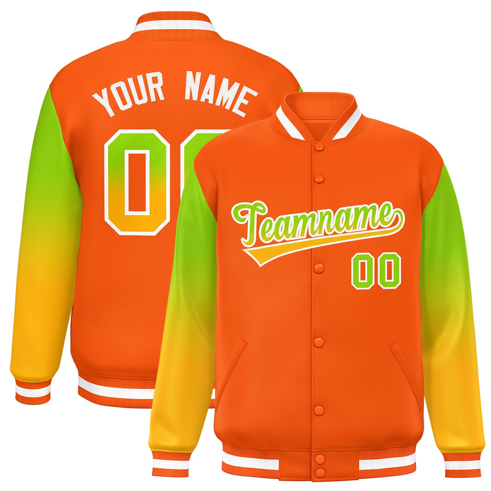 Custom Orange Neon Green-Yellow Varsity Full-Snap Sleeve Gradient Fashion Letterman Baseball Jacket