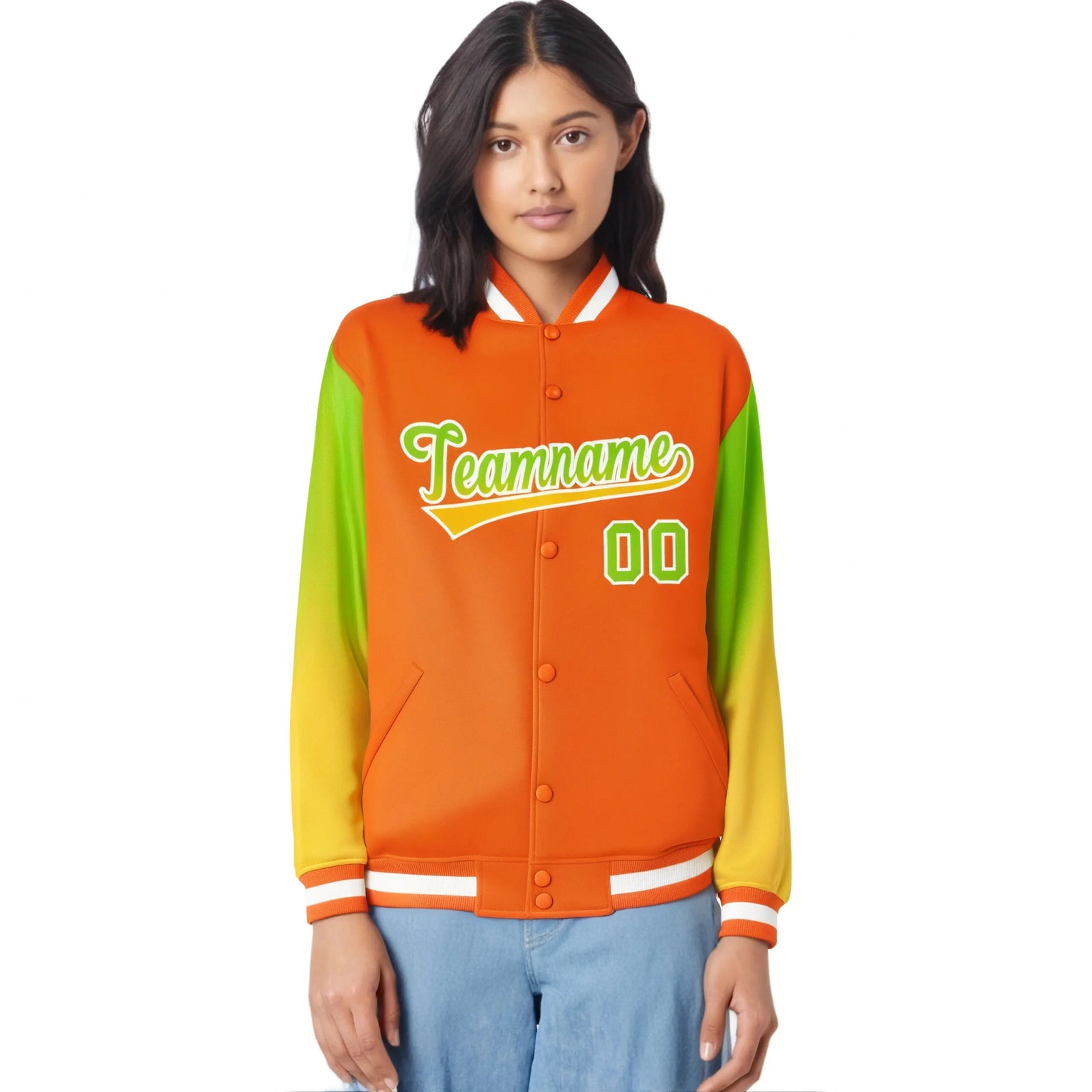 Custom Orange Neon Green-Yellow Varsity Full-Snap Sleeve Gradient Fashion Letterman Baseball Jacket