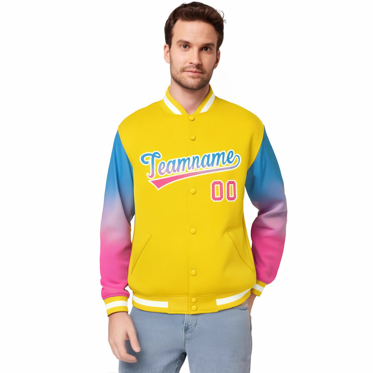Custom Gold Powder Blue-Pink Varsity Full-Snap Sleeve Gradient Fashion Letterman Baseball Jacket