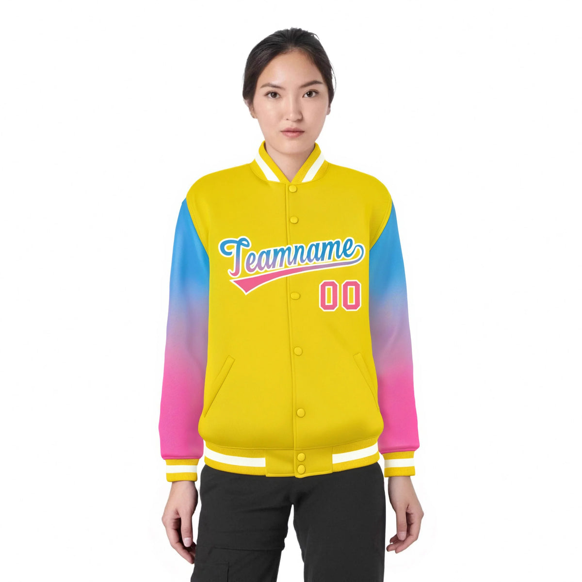 Custom Gold Powder Blue-Pink Varsity Full-Snap Sleeve Gradient Fashion Letterman Baseball Jacket