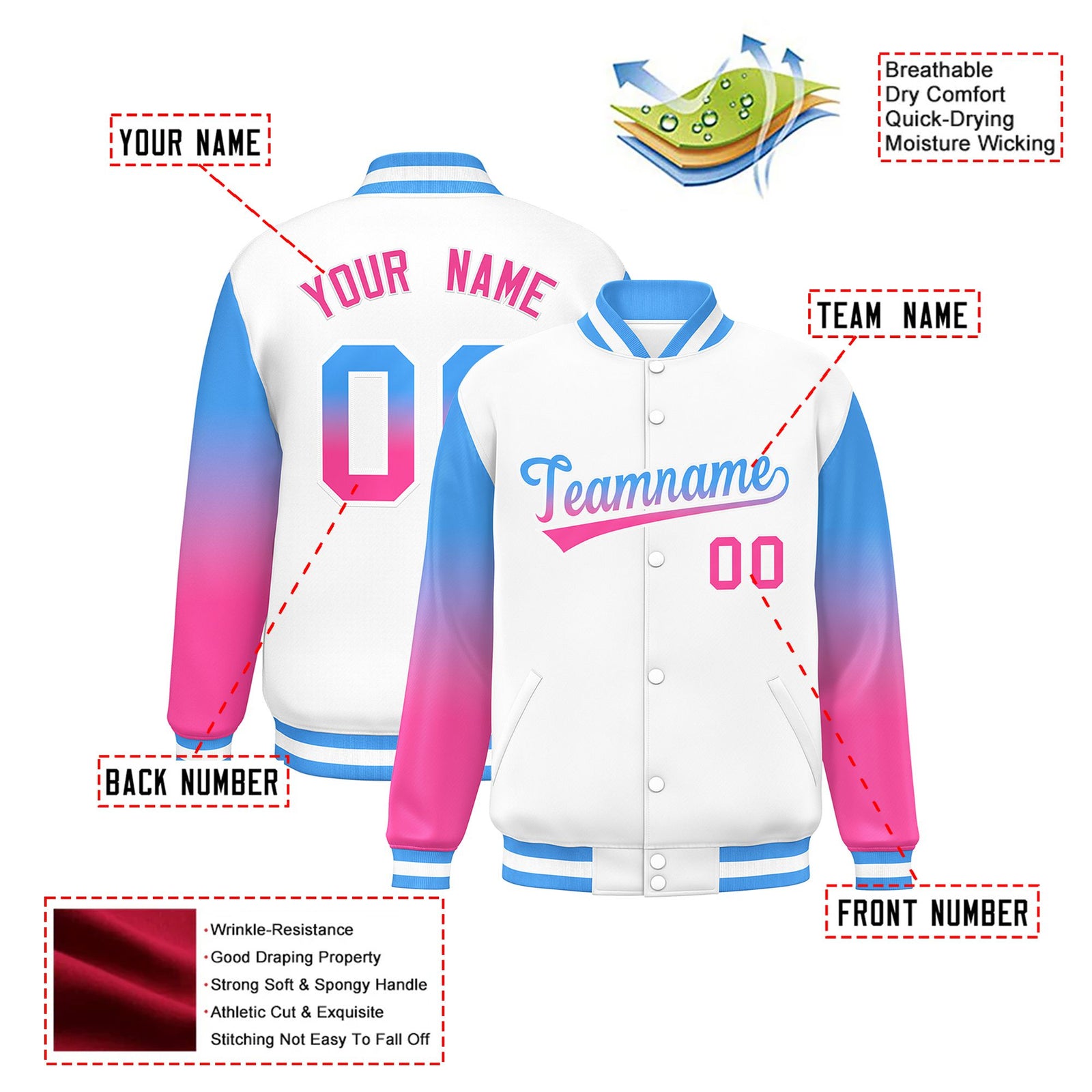 Custom White Powder Blue-Pink Varsity Full-Snap Sleeve Gradient Fashion Letterman Baseball Jacket
