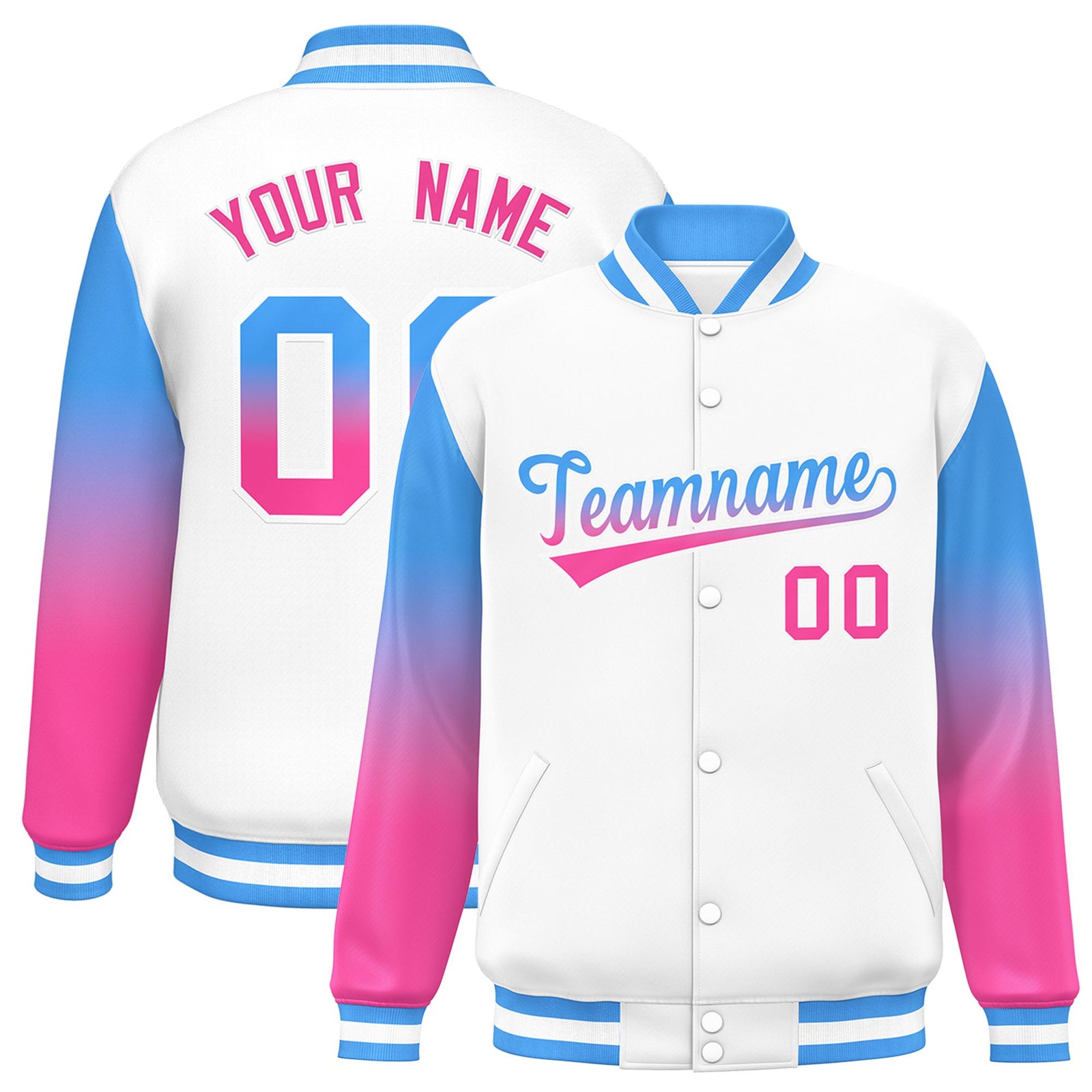 Custom White Powder Blue-Pink Varsity Full-Snap Sleeve Gradient Fashion Letterman Baseball Jacket