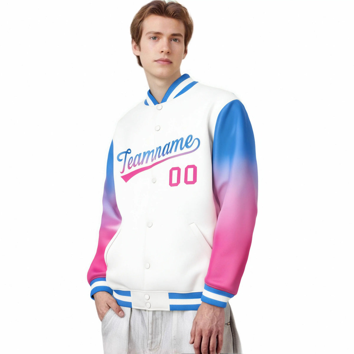 Custom White Powder Blue-Pink Varsity Full-Snap Sleeve Gradient Fashion Letterman Baseball Jacket