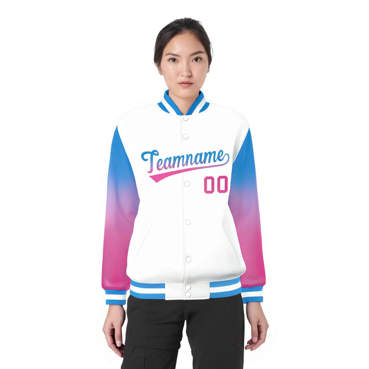 Custom White Powder Blue-Pink Varsity Full-Snap Sleeve Gradient Fashion Letterman Baseball Jacket