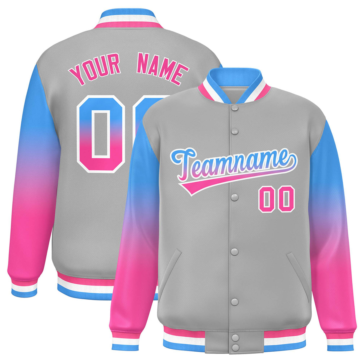 Custom Gray Powder Blue-Pink Varsity Full-Snap Sleeve Gradient Fashion Letterman Baseball Jacket