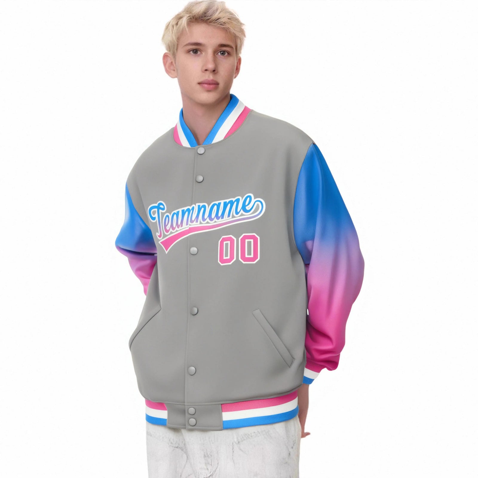 Custom Gray Powder Blue-Pink Varsity Full-Snap Sleeve Gradient Fashion Letterman Baseball Jacket