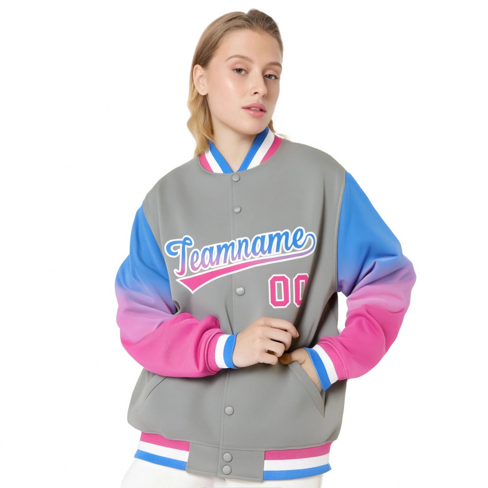 Custom Gray Powder Blue-Pink Varsity Full-Snap Sleeve Gradient Fashion Letterman Baseball Jacket