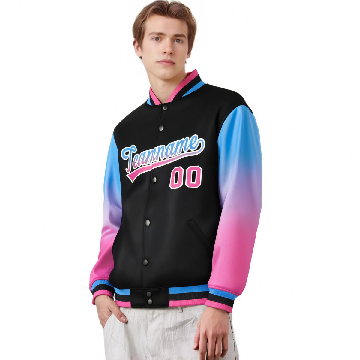 Custom Black Powder Blue-Pink Varsity Full-Snap Sleeve Gradient Fashion Letterman Baseball Jacket
