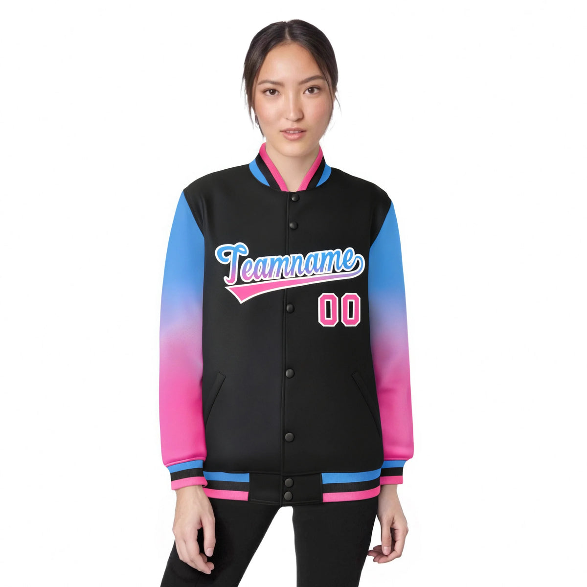 Custom Black Powder Blue-Pink Varsity Full-Snap Sleeve Gradient Fashion Letterman Baseball Jacket