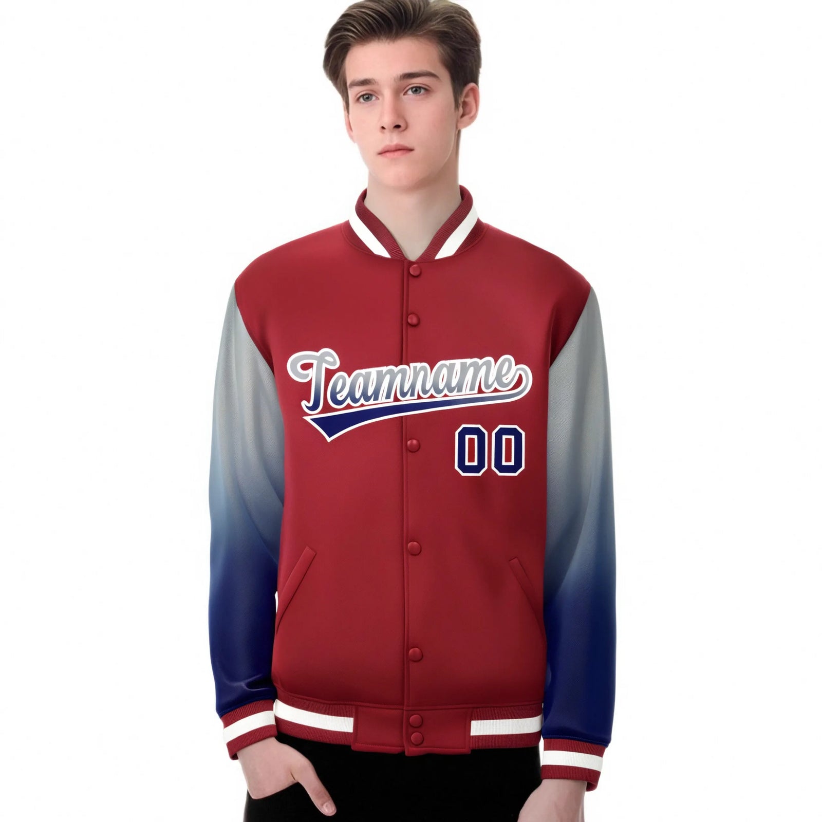 Custom Red Gray-Royal Blue Varsity Full-Snap Sleeve Gradient Fashion Letterman Baseball Jacket
