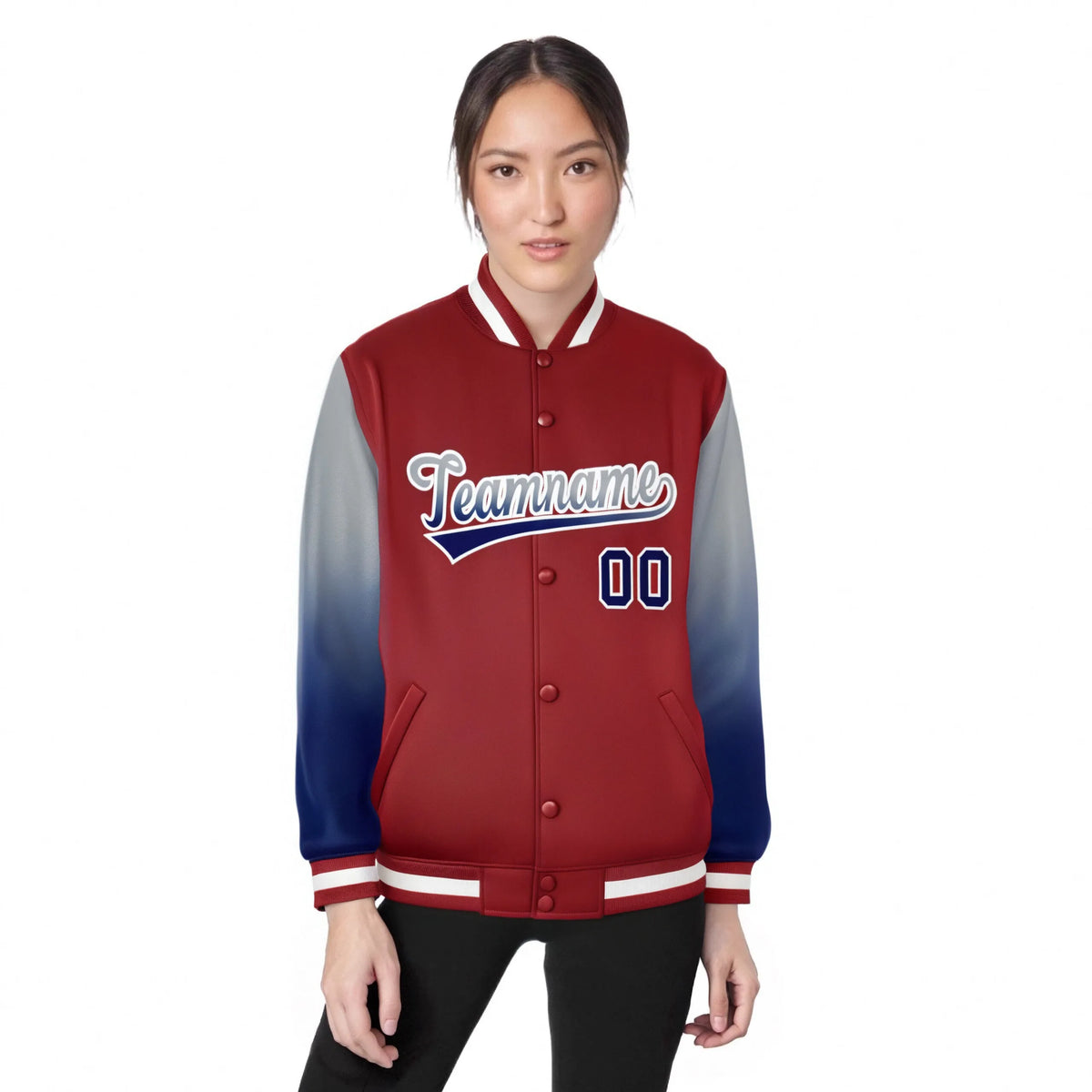 Custom Red Gray-Royal Blue Varsity Full-Snap Sleeve Gradient Fashion Letterman Baseball Jacket