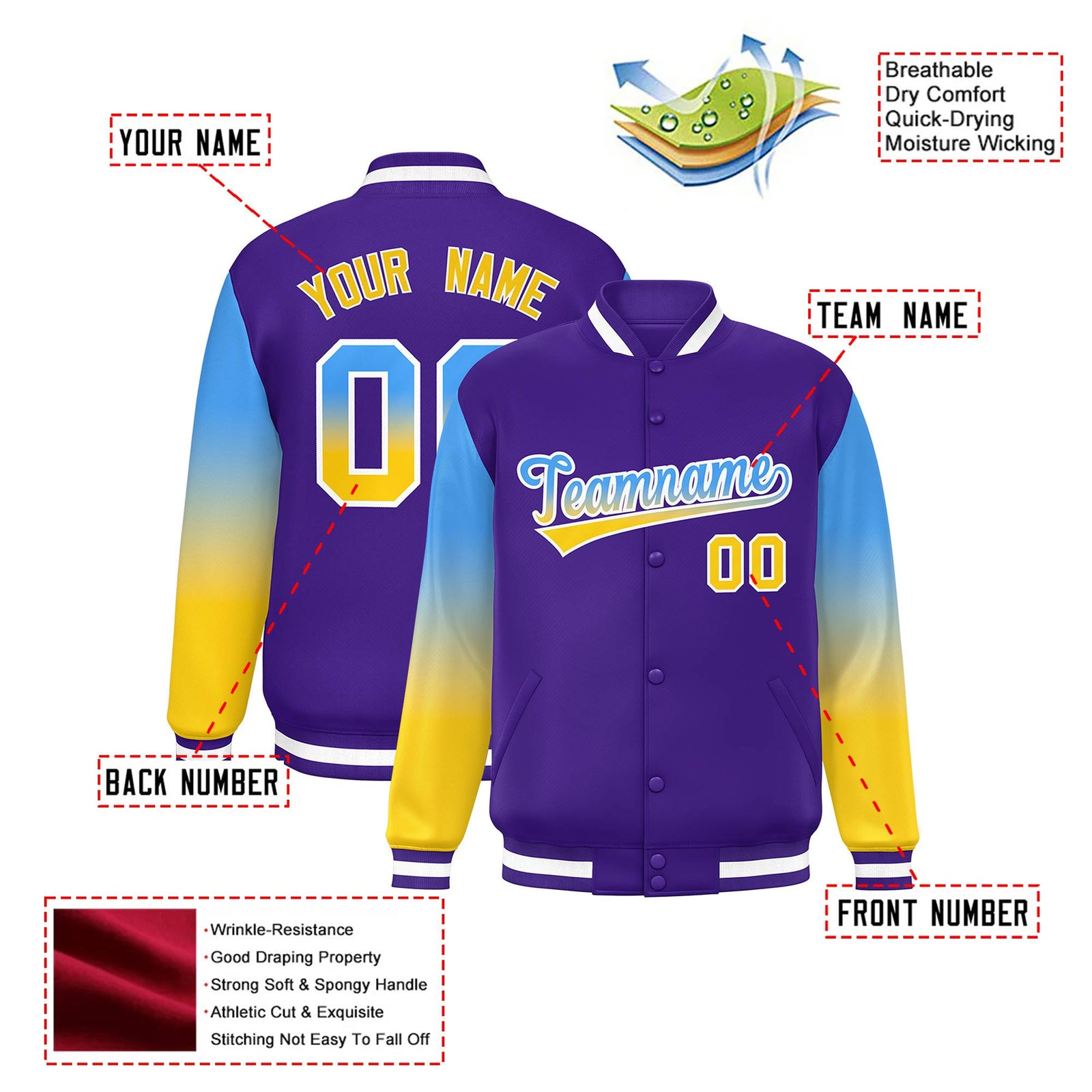 Custom Purple Powder Blue-Gold Varsity Full-Snap Sleeve Gradient Fashion Letterman Baseball Jacket