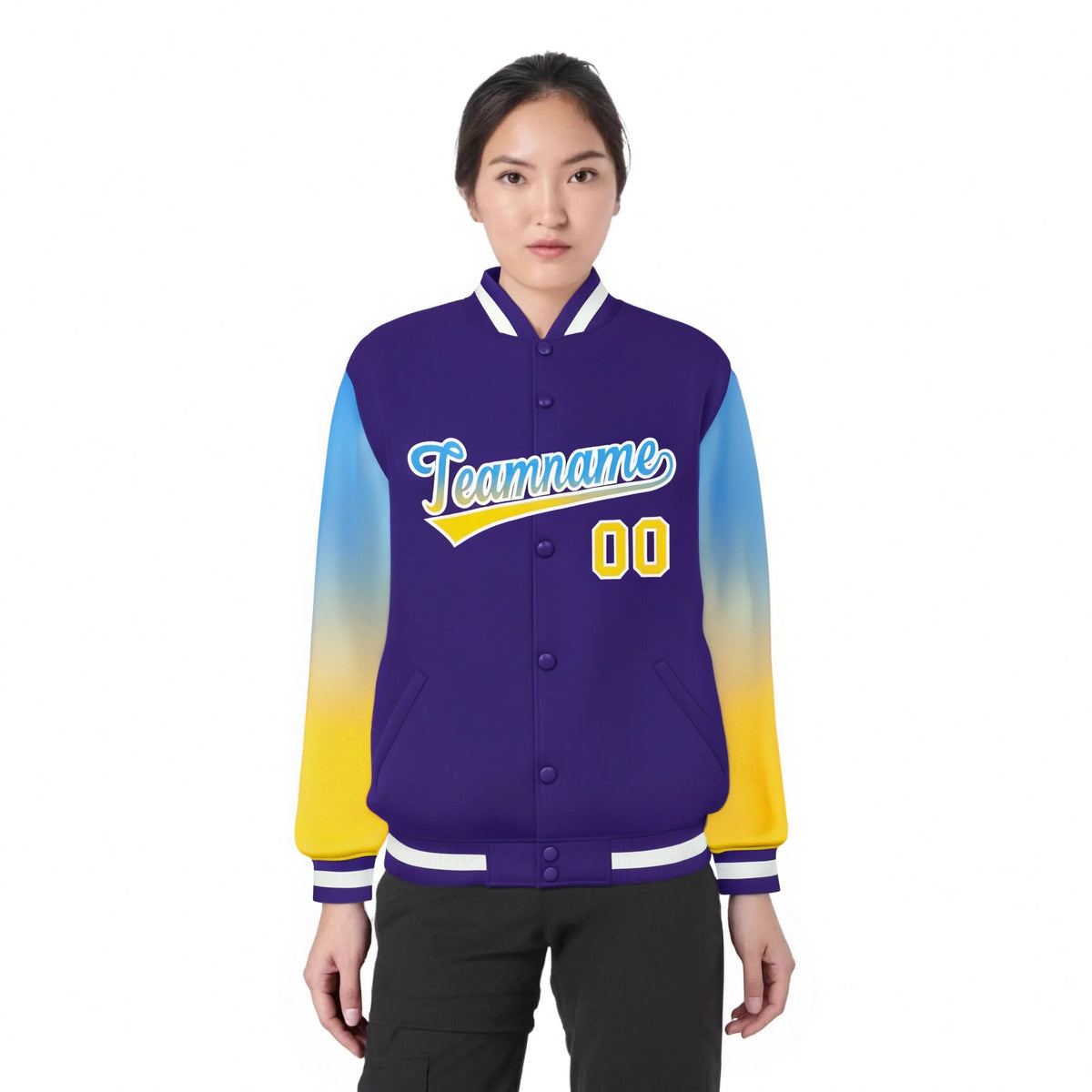 Custom Purple Powder Blue-Gold Varsity Full-Snap Sleeve Gradient Fashion Letterman Baseball Jacket
