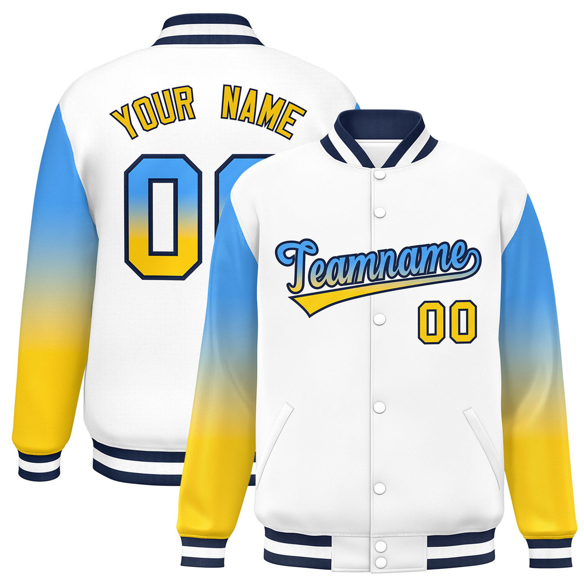 Custom White Powder Blue-Gold Varsity Full-Snap Sleeve Gradient Fashion Letterman Baseball Jacket