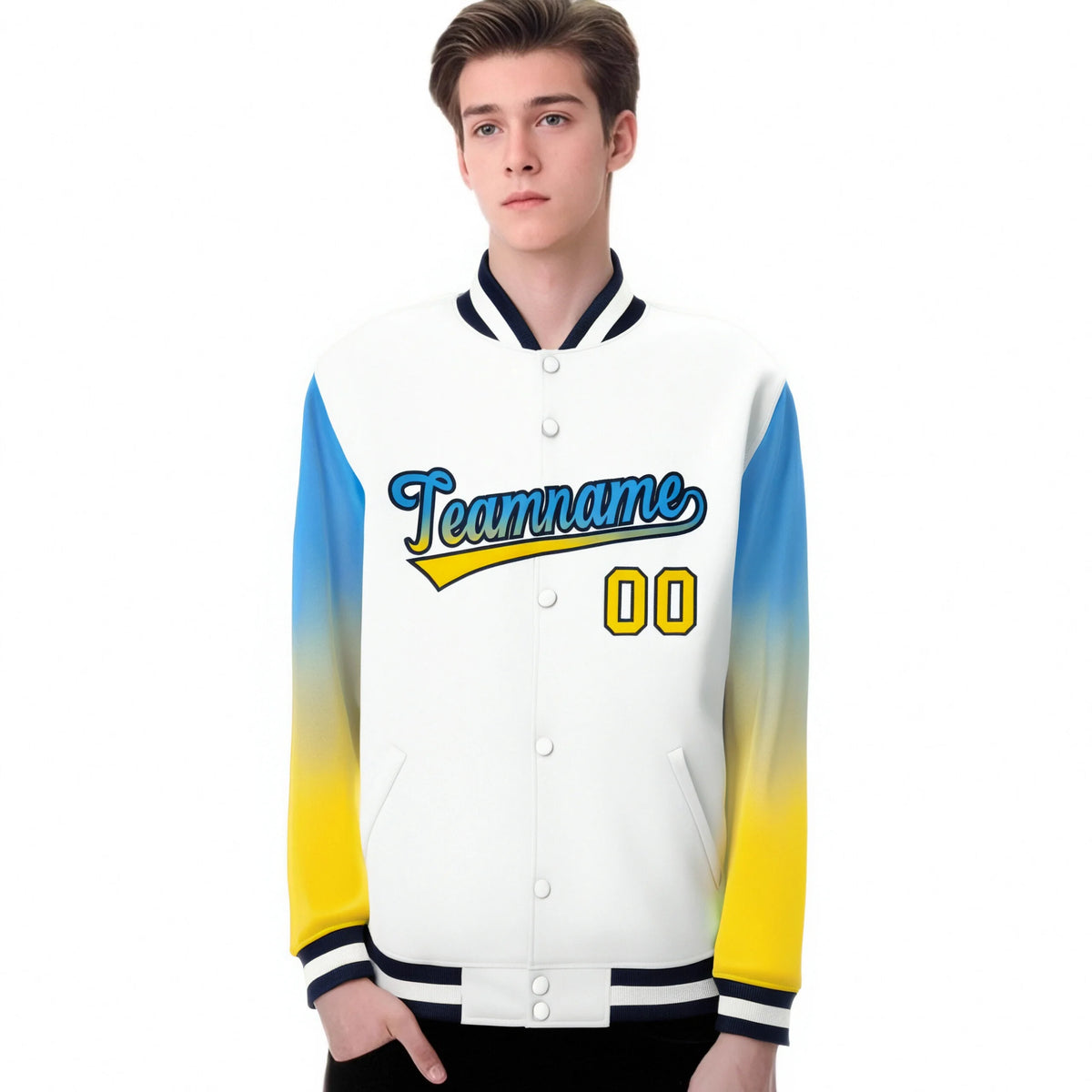 Custom White Powder Blue-Gold Varsity Full-Snap Sleeve Gradient Fashion Letterman Baseball Jacket