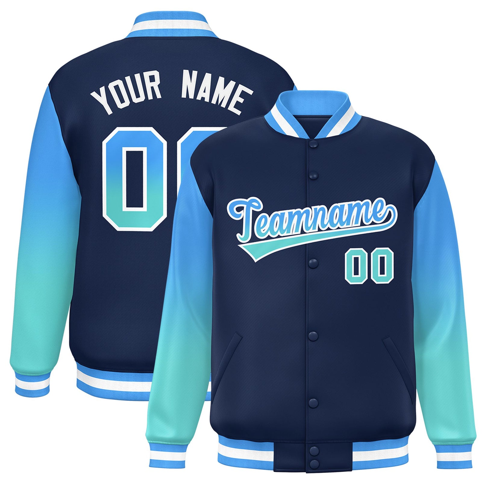 Custom Navy Powder Blue-Aqua Varsity Full-Snap Sleeve Gradient Fashion Letterman Baseball Jacket