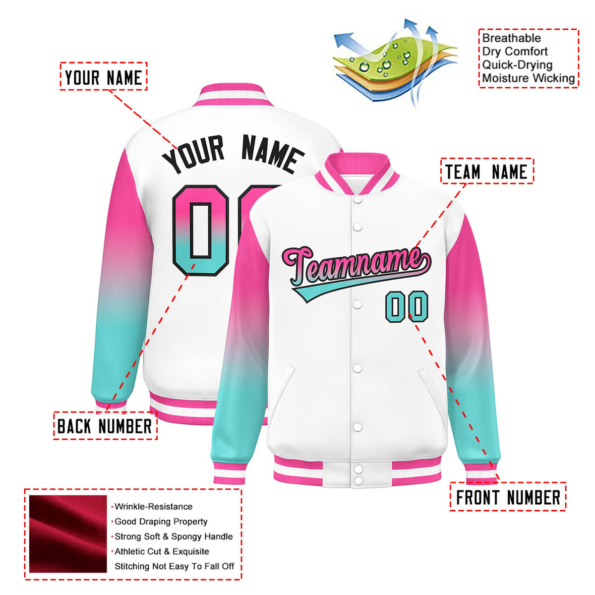 Custom White Pink-Aqua Varsity Full-Snap Sleeve Gradient Fashion Letterman Baseball Jacket