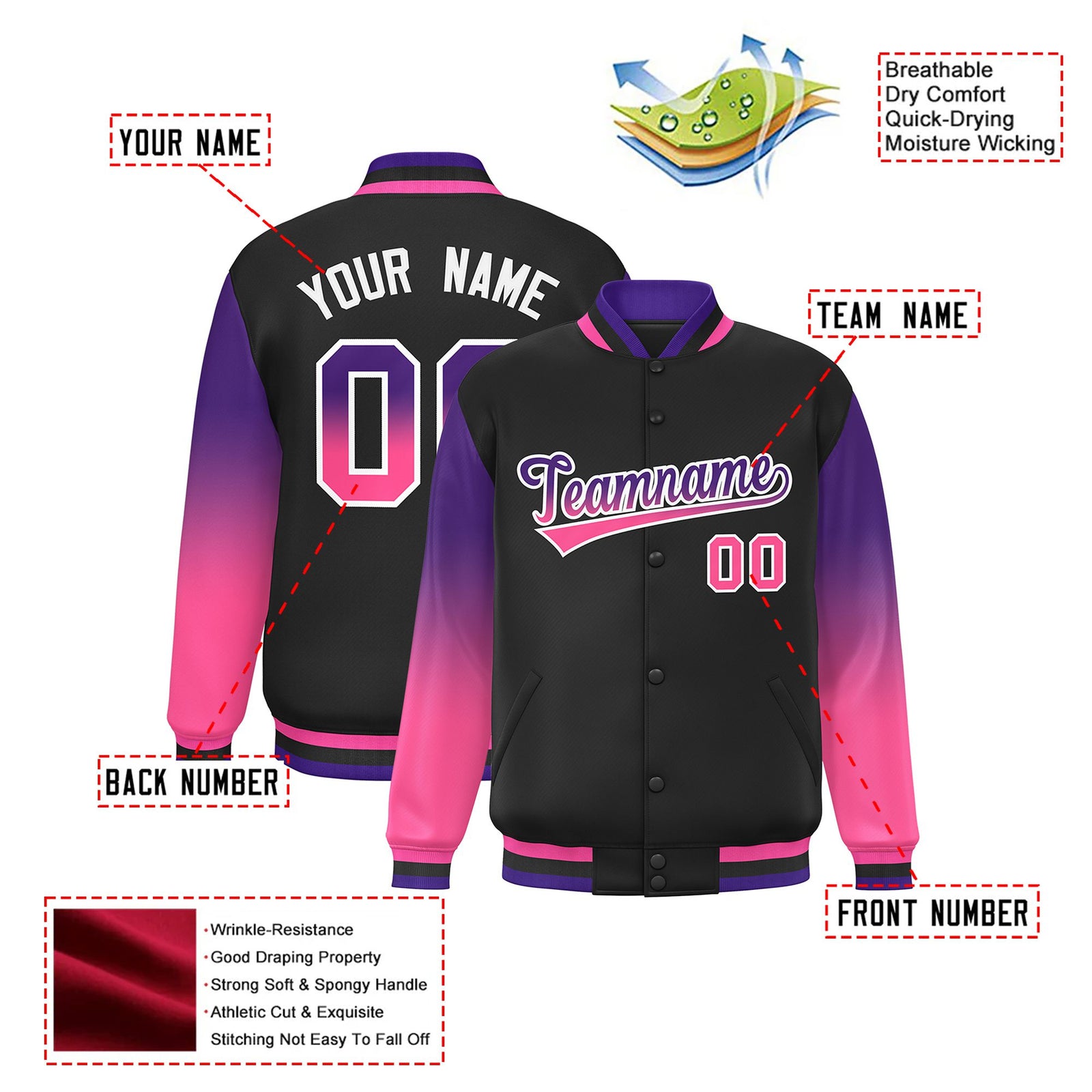 Custom Black Purple-Pink Varsity Full-Snap Sleeve Gradient Fashion Letterman Baseball Jacket