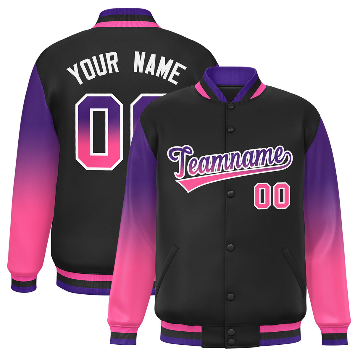 Custom Black Purple-Pink Varsity Full-Snap Sleeve Gradient Fashion Letterman Baseball Jacket