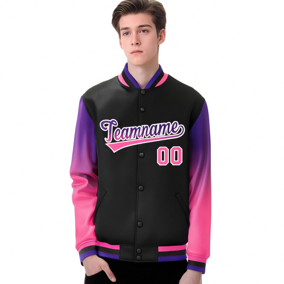 Custom Black Purple-Pink Varsity Full-Snap Sleeve Gradient Fashion Letterman Baseball Jacket