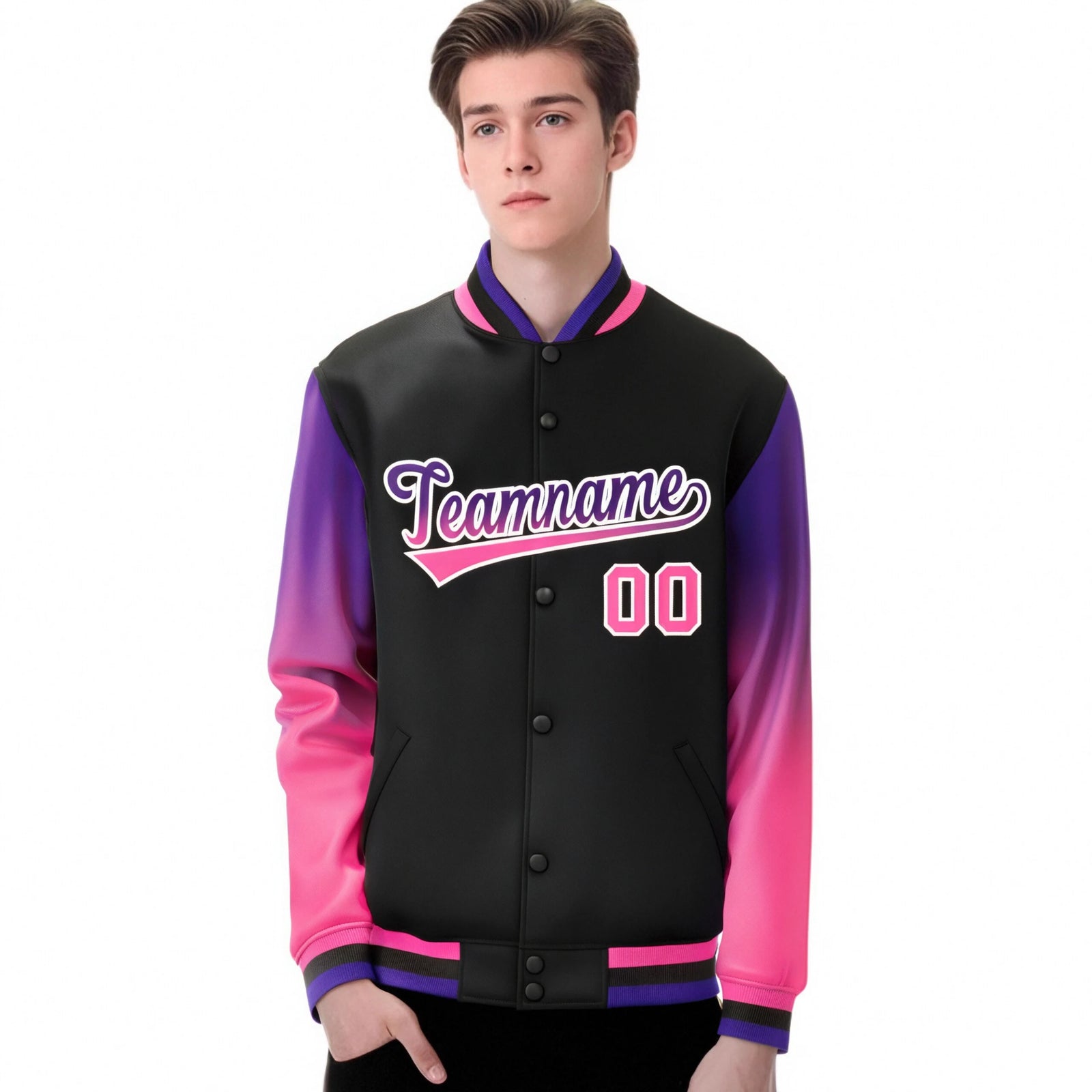 Custom Black Purple-Pink Varsity Full-Snap Sleeve Gradient Fashion Letterman Baseball Jacket
